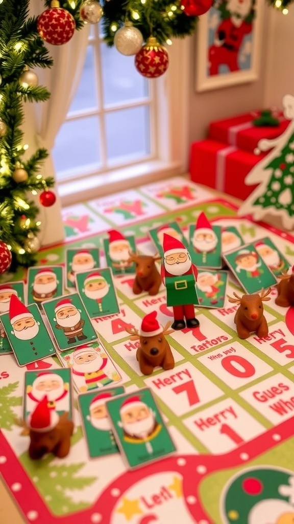 Christmas Guess Who game setup with character cards of Santa and elves on a holiday-themed board.